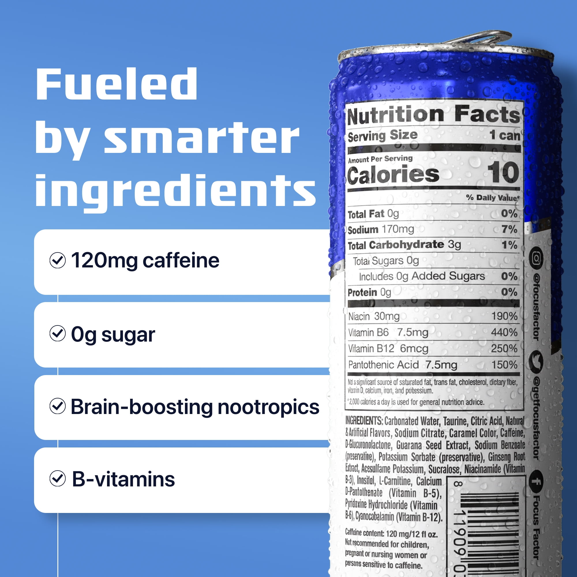 Focus Factor Energy Drink - 12 x 355ml Cans (Original Flavor) - with Focus + Energy - Sugar Free, Low Calorie with Vitamin B6 & Vitamin B12