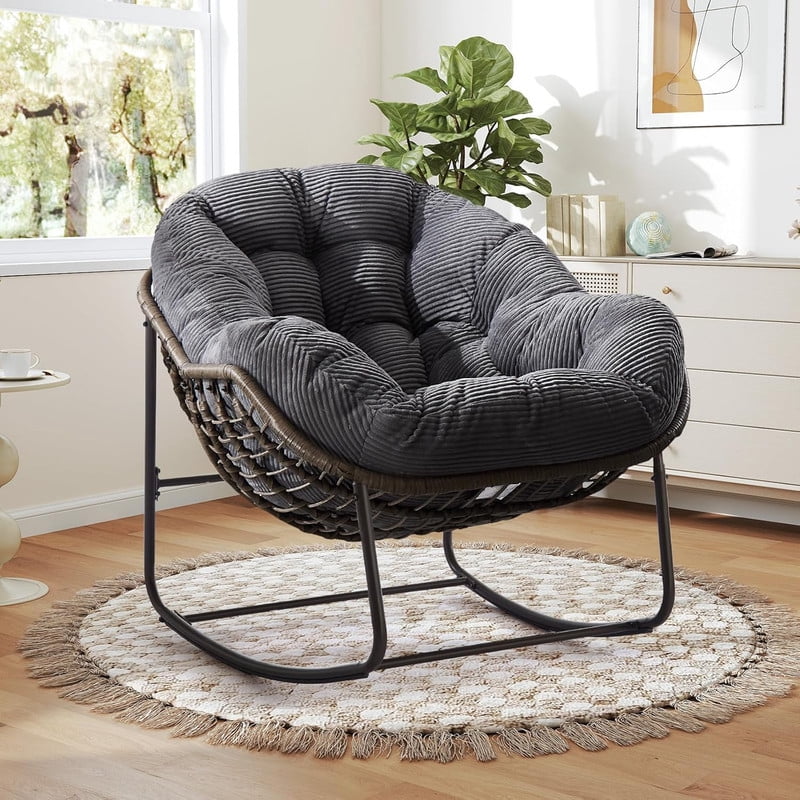 Outdoor Rattan Rocking Chair, Rocking Papasan Chair with Thick Cushion, Comfy Wicker Egg Chairs Lounge Recliner Chair, Padded Cushion Rocker