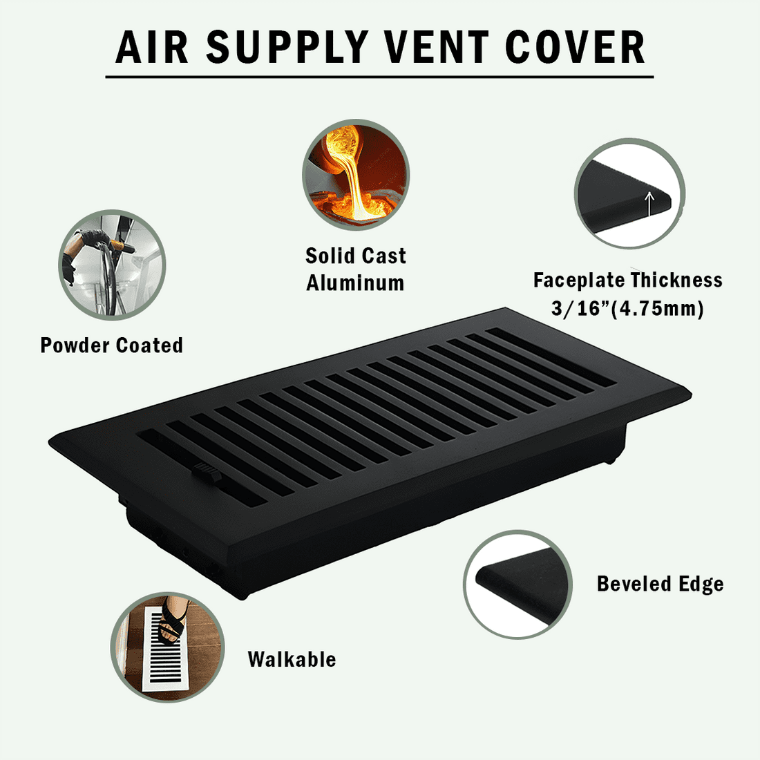 SET of 5 SLEEK Vent cover 4"x10" duct opening (Overall 5-1/2"x 11-3/4") in Simple Design Solid Cast Aluminum register cover || Powder Coated White with holes