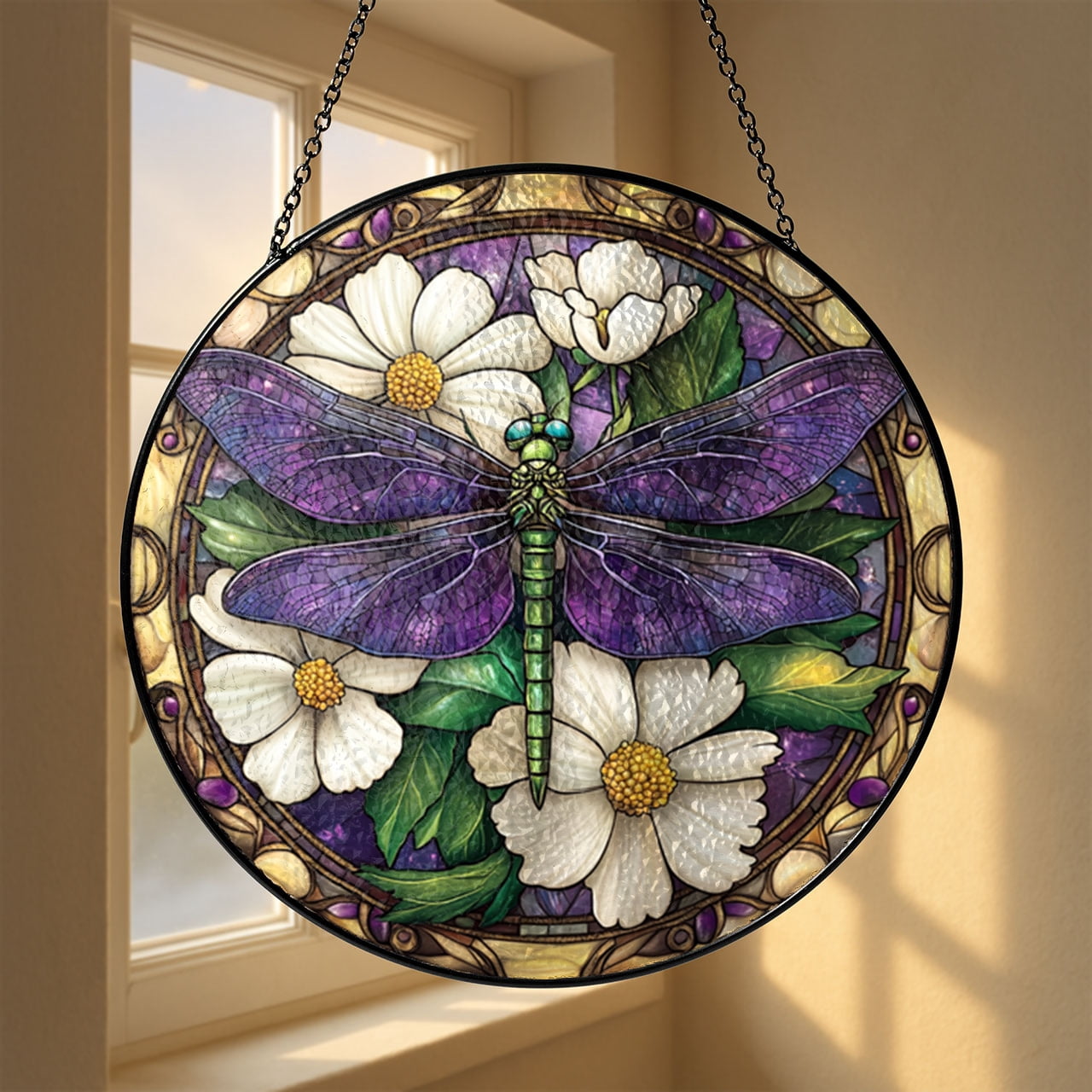 Dragonfly Faux Stained Glass Window Hanging – Decorative Acrylic Sun Catcher