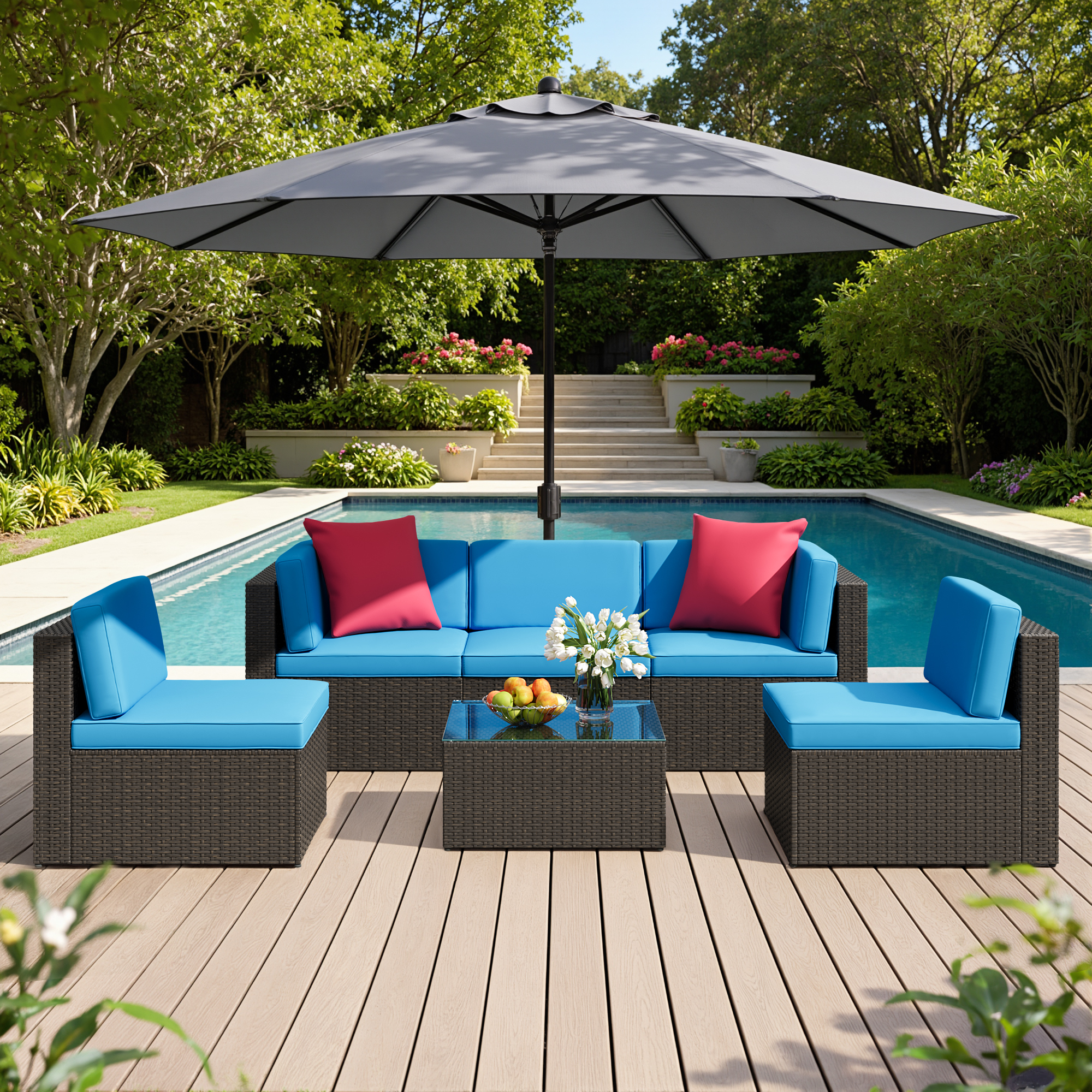 Lacoo 6 PCS Patio Outdoor Furniture Wicker Sectional Sofa with Cushion, Blue