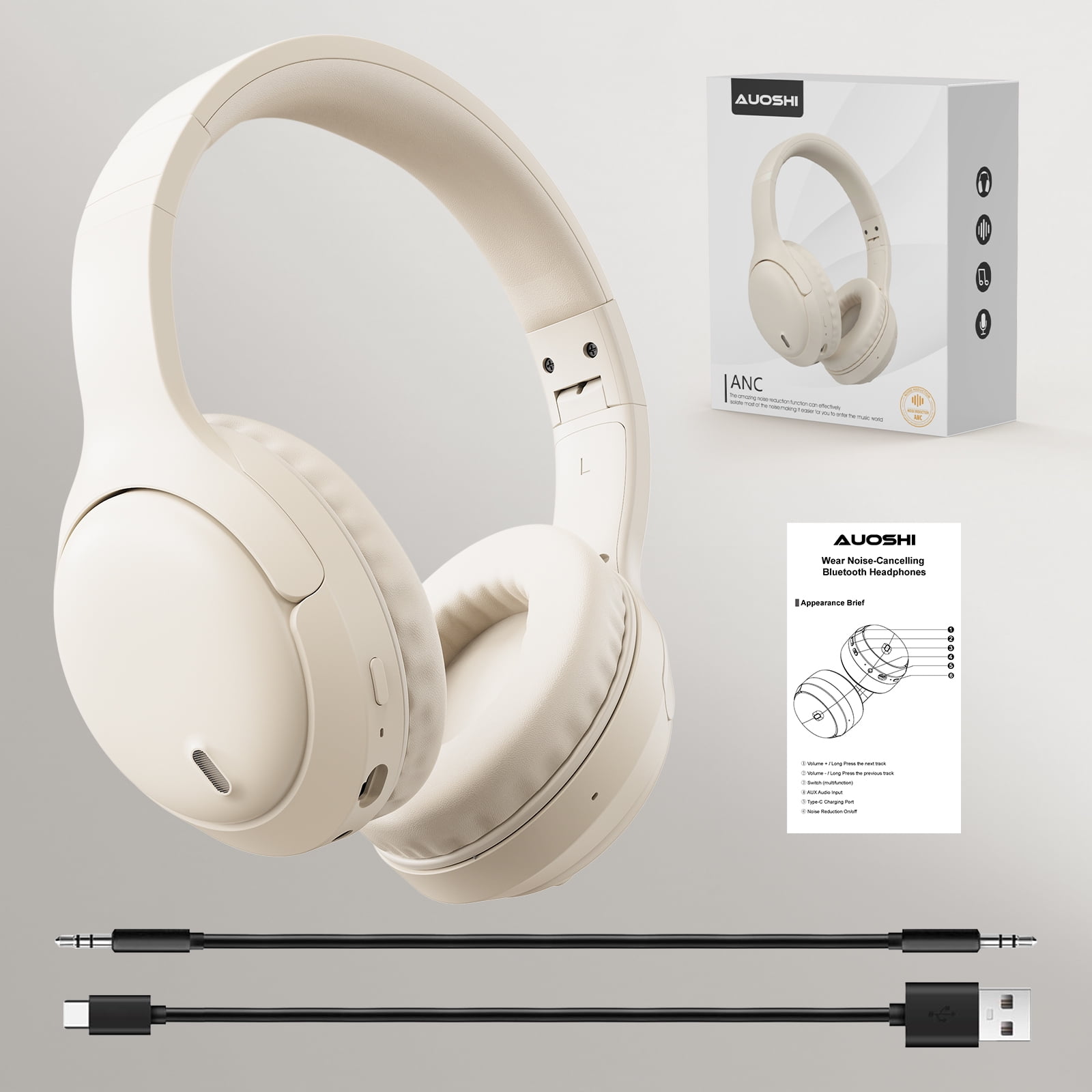 Headphones, AUOSHI Active Noise Cancelling Headphones, 55H Playtime, Wireless/Wired Bluetooth5.3 Over-Ear Headphones with Mic, Blocks Engine Noise, White thumbnail 12