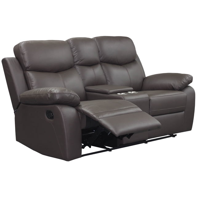 Levoluxe Aveon Causeuse Inclinable à Accoudoirs avec Dessus Coussiné de 76 Pouces et Console de Rangement en Cuir Assorti (Brun)