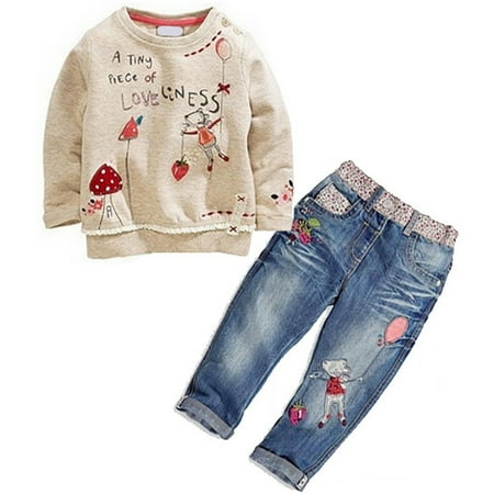 

Toddler Kids Baby Girls Outfits Long Sleeve Tops+ Ripped Hole Jeans Pants 2Pcs Set