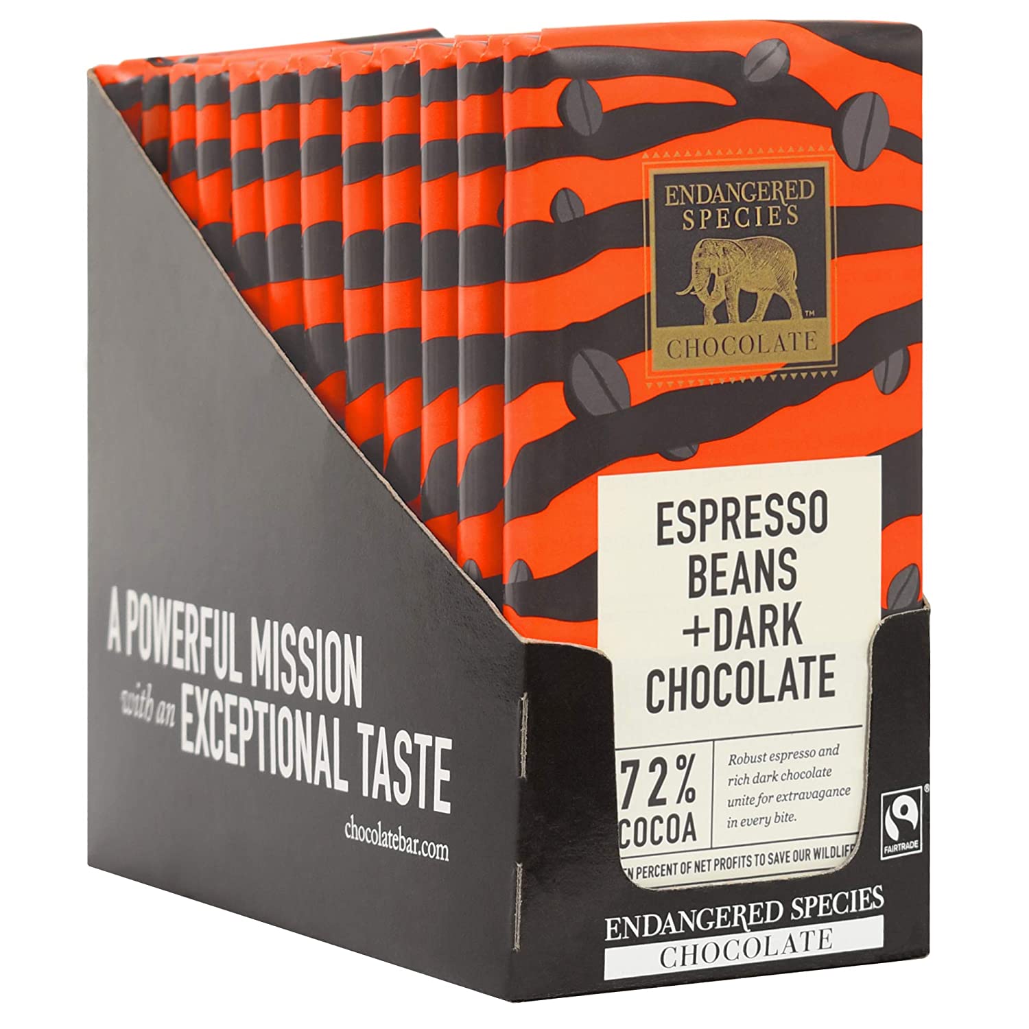 (Case of 12 ) Endangered Species Natural Chocolate Bars - Dark Chocolate - 72 Percent Cocoa - Espresso Beans - 3 oz Bars