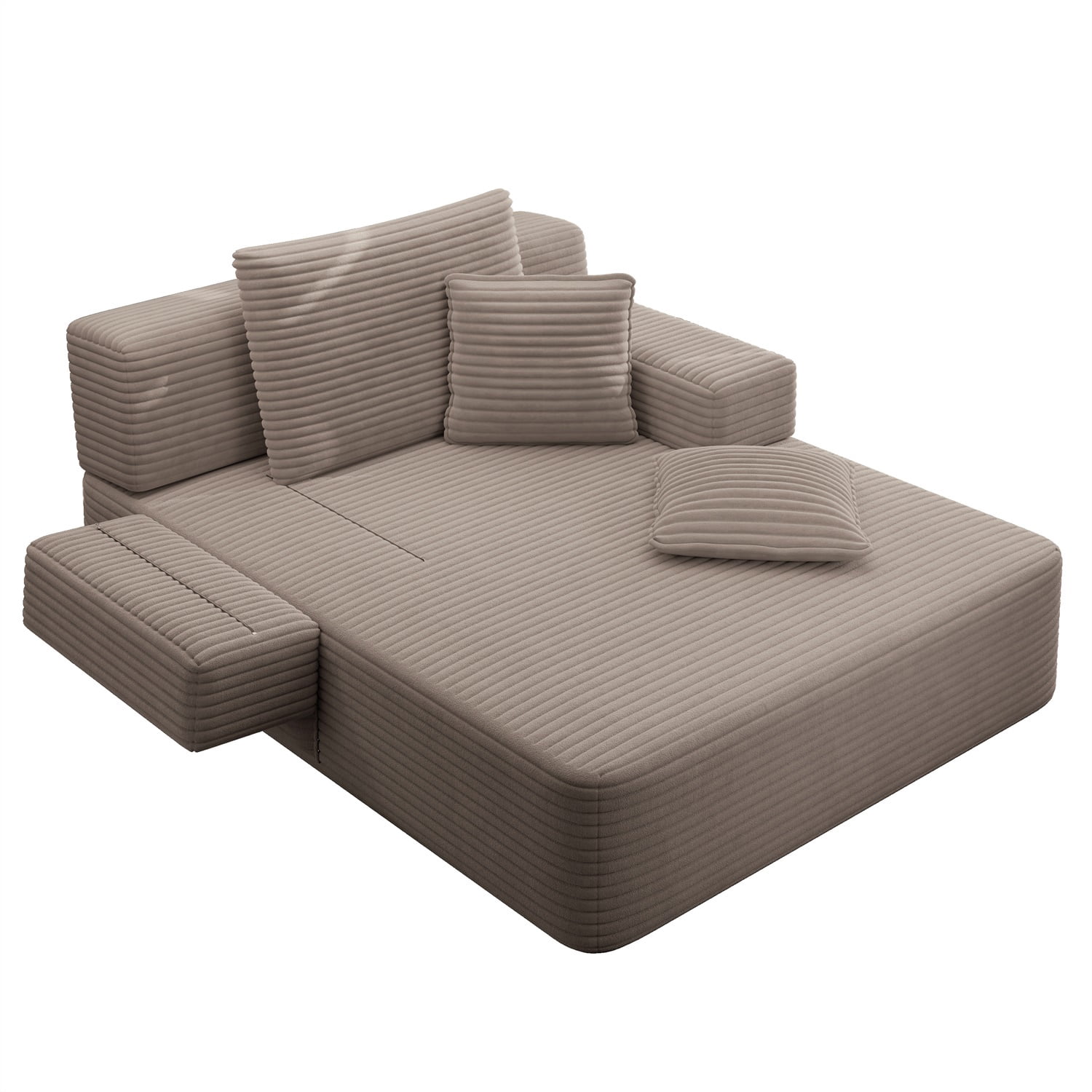 Hommoo Luxurious Plush Corduroy Chaise Lounge with 3 Pillows & Storage Pocket, Convertible Sofa Couch Bed Sleeper with Frameless Design & Compression Foam, Coffee