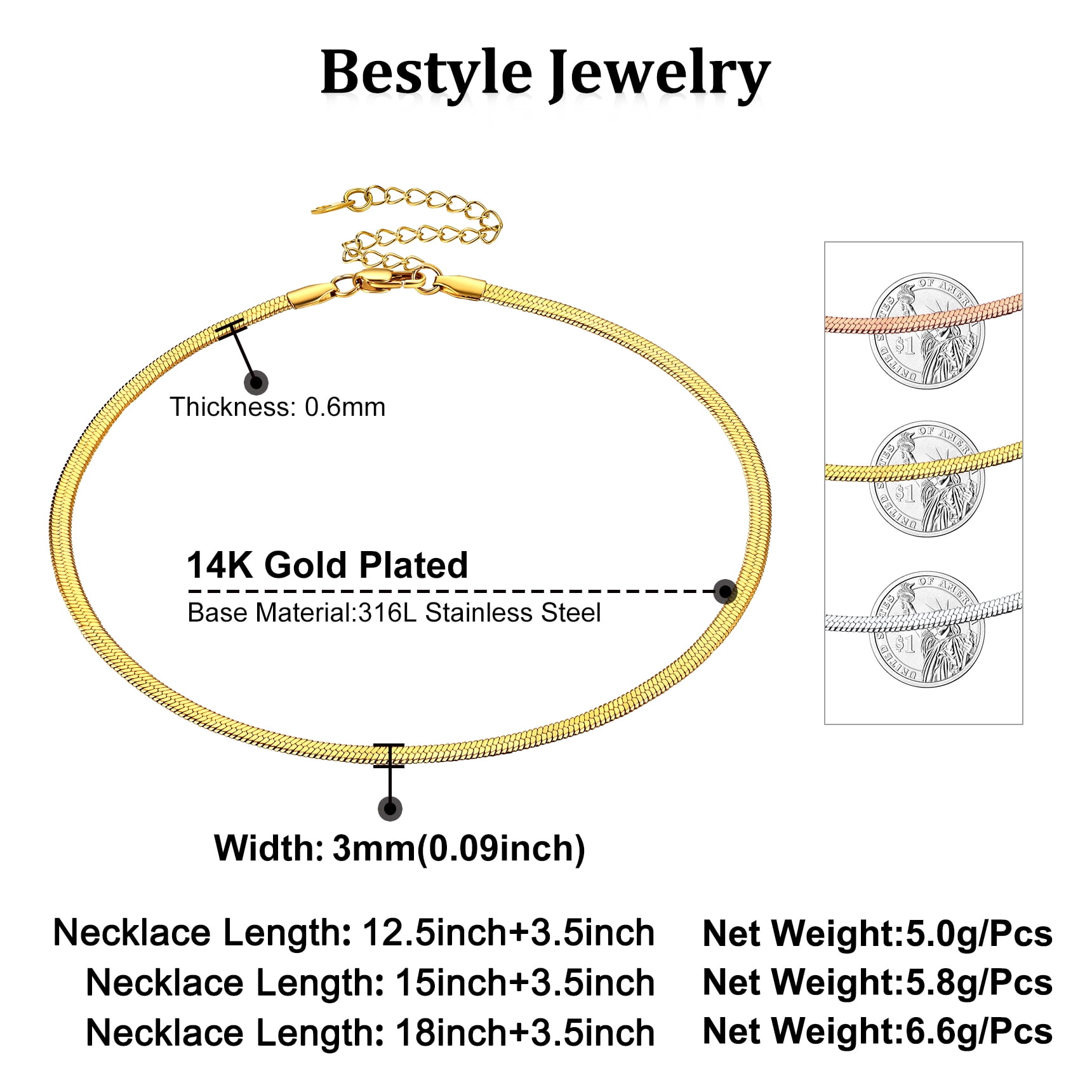 Bestyle 3mm Women Gold Plated Necklace Chain Flat Snake Herringbone Choker Mother's Mother's Day Gifts for Girlfriend Daughter Mom, 12.5"