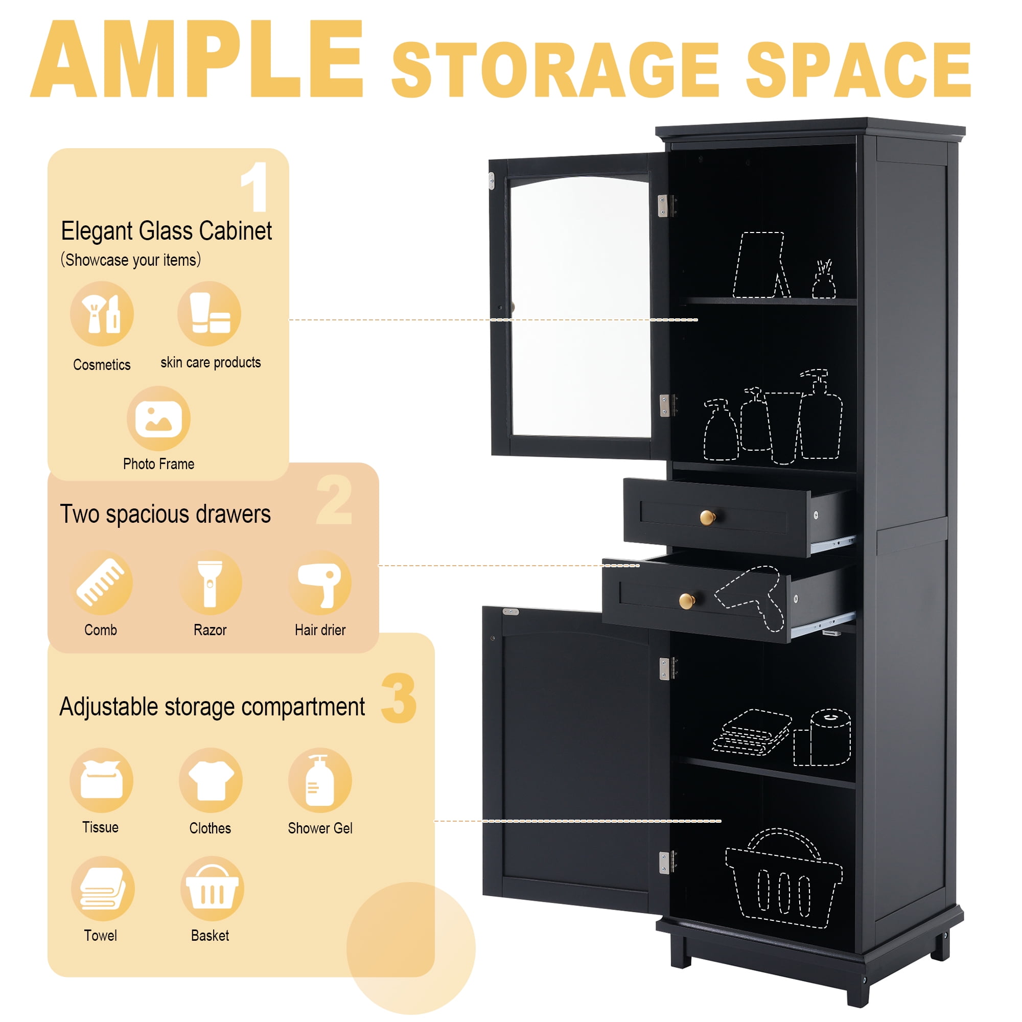 MAYEERTY 63" Freestanding Tall Bathroom Storage Cabinet - With Glass Doors, Tall Storage Solution for Bathrooms