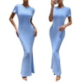 thumbnail image 5 of WBQ Women Dress Medium Round Neck Short Sleeves Maxi Wedding Guest Loose Plain Casual Empire Waist, 5 of 7