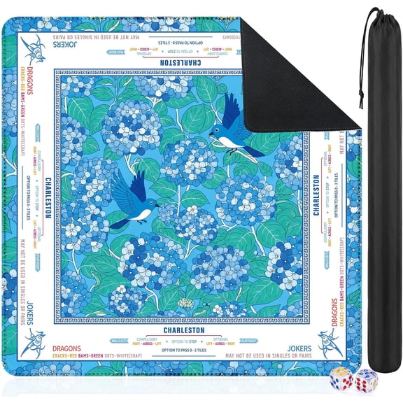 Mahjong Mat 33”x33” for Table with Two Dices Non Slip Noise Reduction, Blue Flower Bird American Mahjong Mat with Rules for Mah Jong Poker Board Games Dominoes and Card