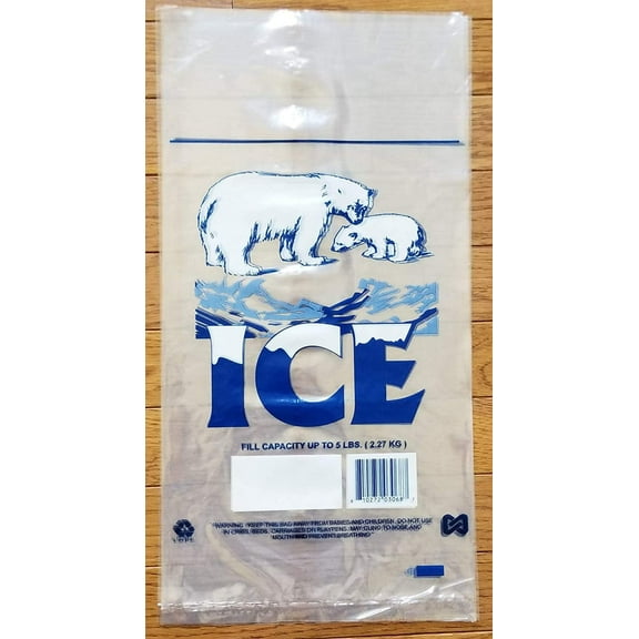 Ice Bags with Twist Ties, 9" W x 18" H (Width x Height), 5 LB Capacity, LLDPE 1.5 MIL Thick, Printed Polar Bear and Cub, 1,000 Bags/Box