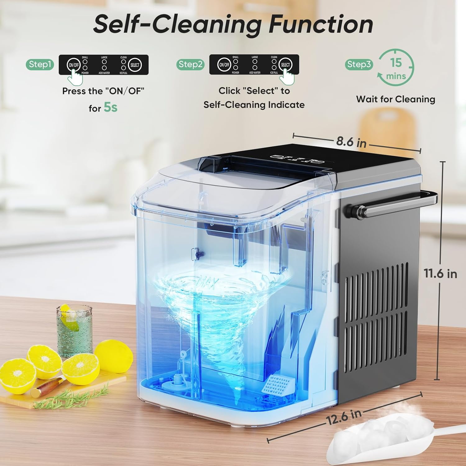 Portable Countertop Ice Maker, 26lbs/24H, 9 Bullet Cubes in 6 Mins, Self-Cleaning, Quiet Compact for Home, Kitchen, RV, Camping, Black