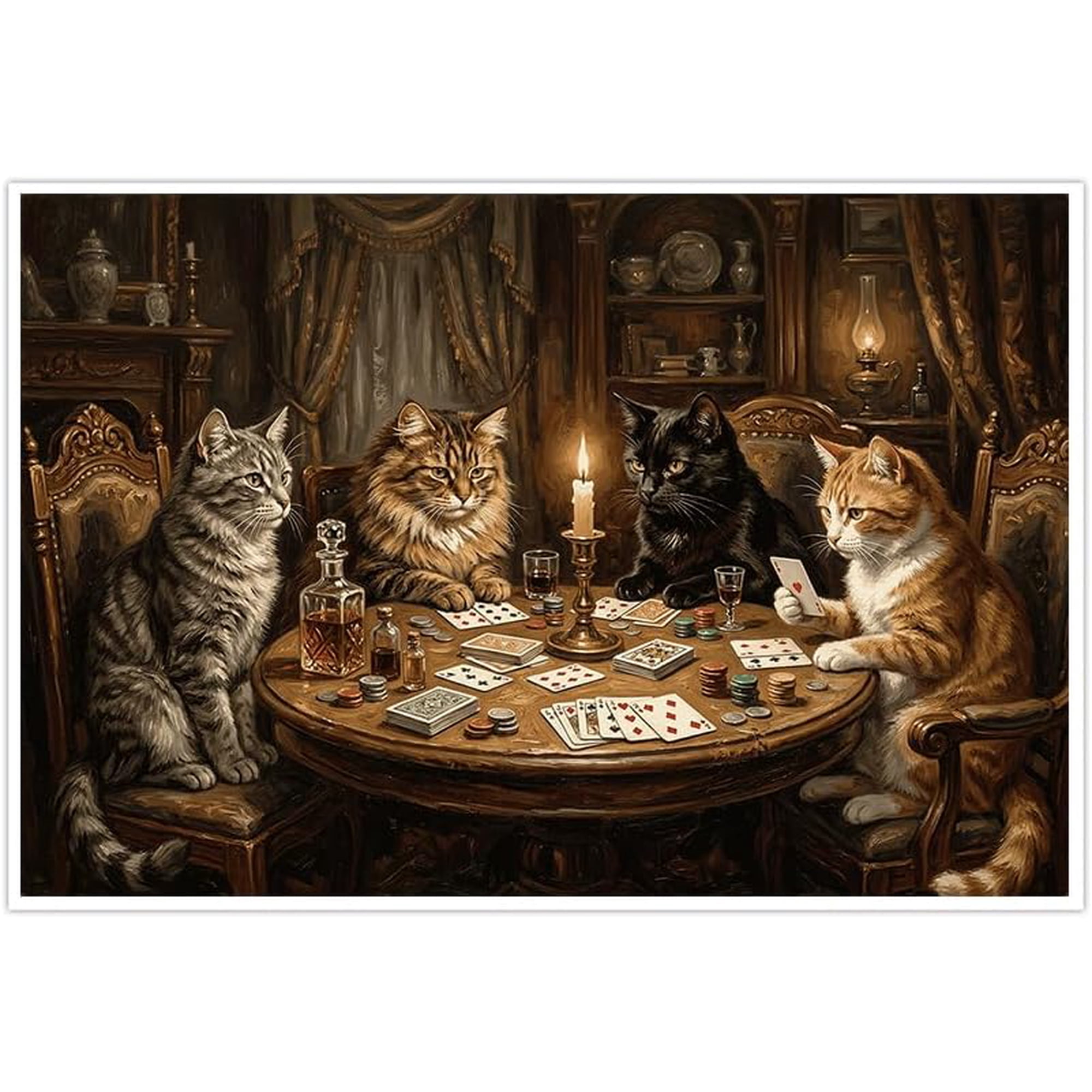 Funny Cats Playing Poker Canvas Wall Art Vintage Oil Painting Style Poster Retro Feline Poker Night Pictures for Living Room Game Room Decor Home Artwork Cat Lover