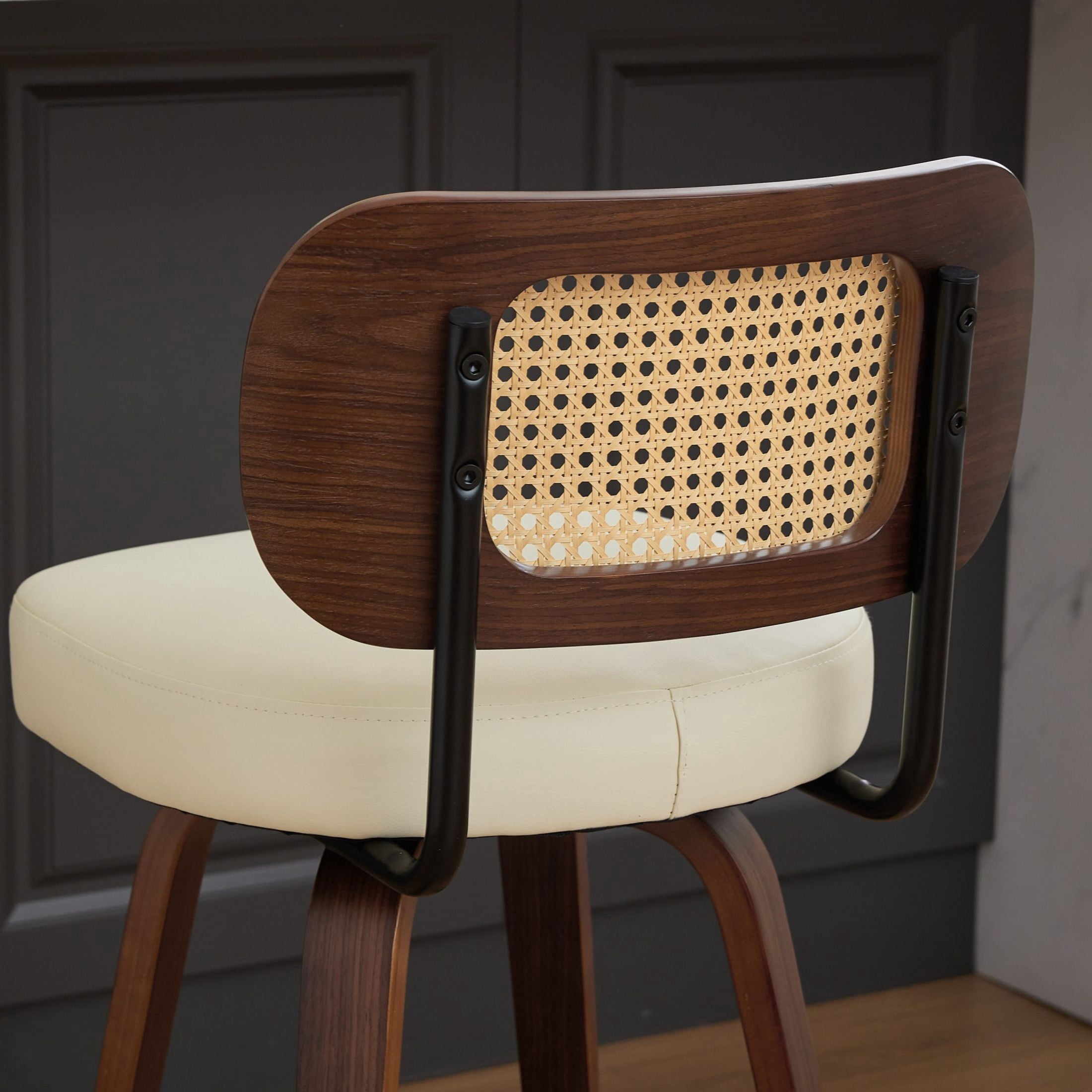 Noble House Set of 2 Counter Height Bar Stools, Cane Back, PU Seat, Walnut + Beige