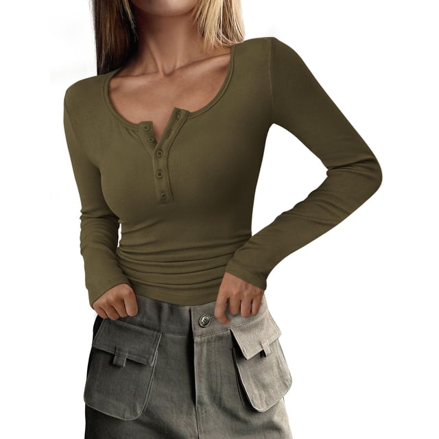 Remera PRETTYGARDEN 2025 Otoño Manga Larga Henley Verde Militar S