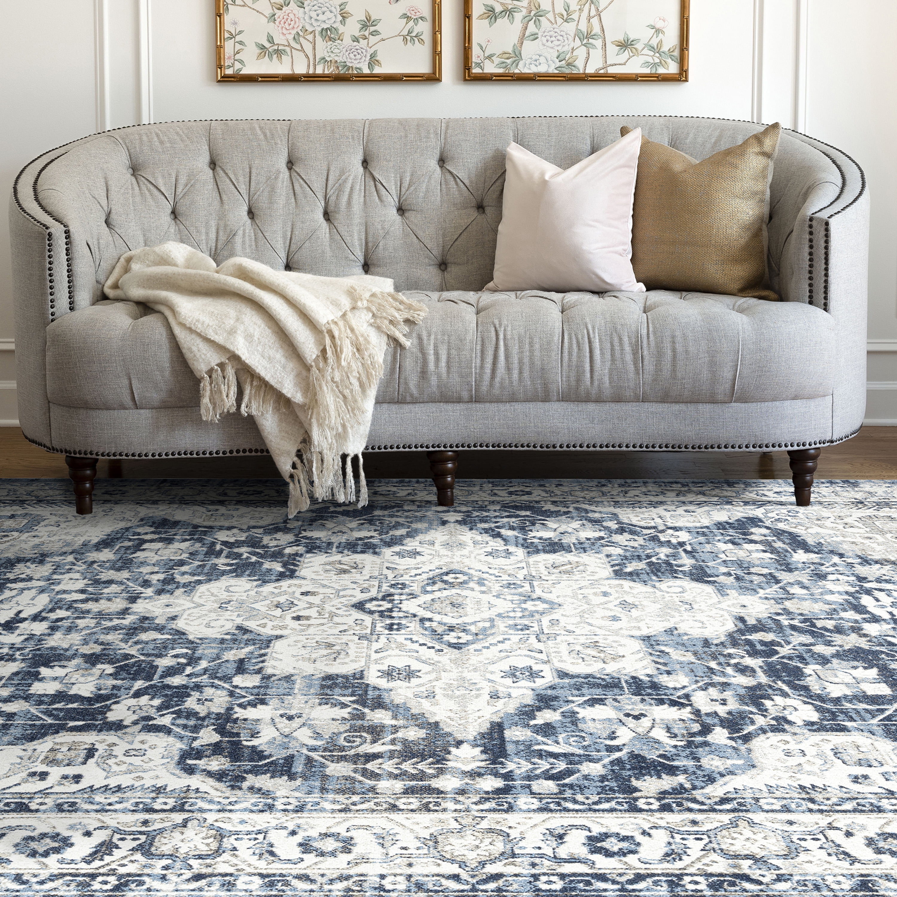 Traditional 9x12 Area Rug (8'9'' x 11'3'') Oriental Navy, Navy Living Room Easy to Clean