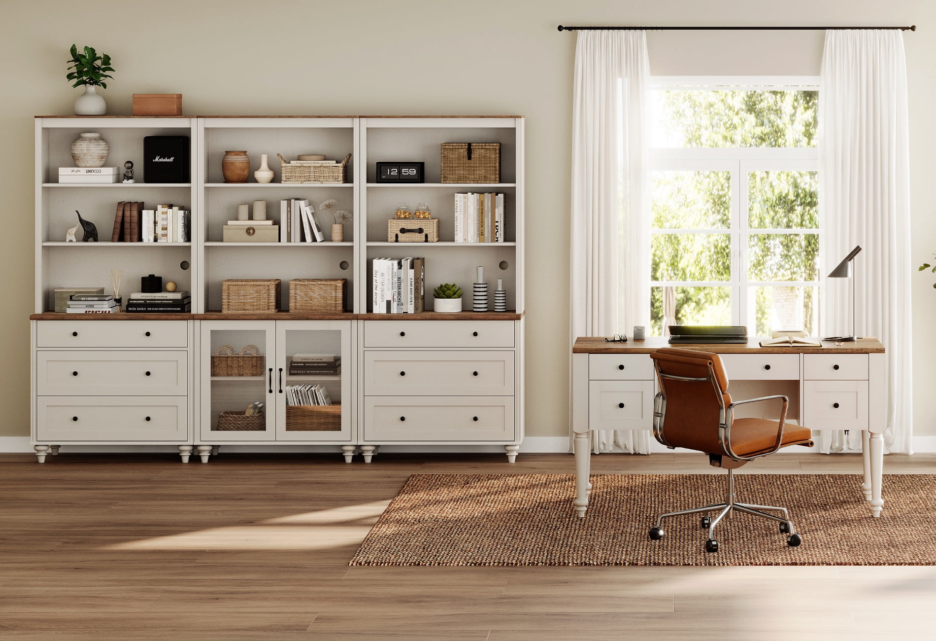 2 Piece Office Set, 56" Executive Desk, Bookcases With 3 Drawers And 2 Glass Cabinets