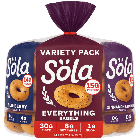 Sola Bagels Keto Friendly Variety Pack, Everything, Blueberry, Cinnamon and Raisin, 12 Count