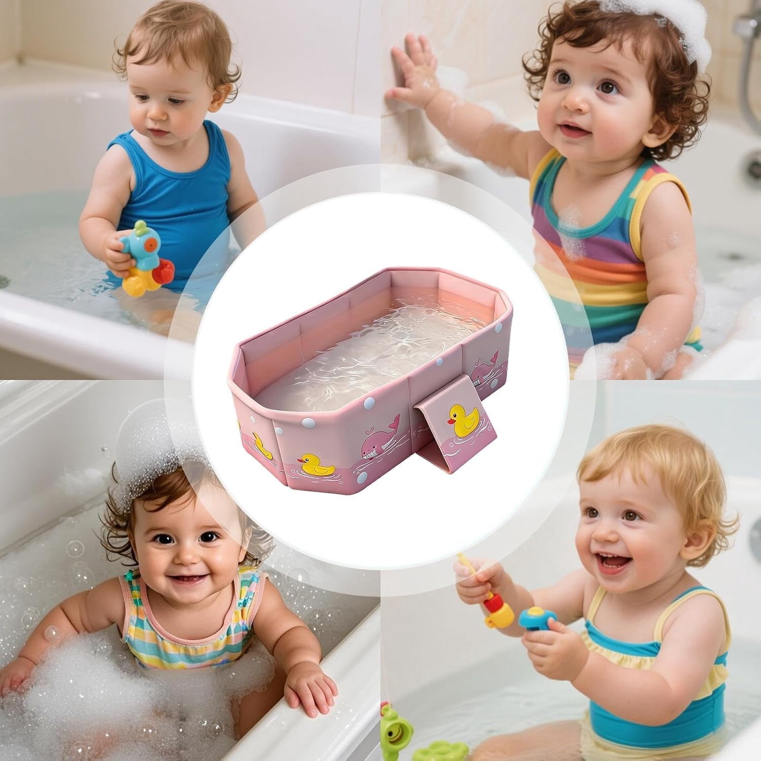 Foldable Bathtub for Kids, Duck Anti-Tipping Bathing Tub, Soaking Shower Tub for Boys Girls Home Daycare Travel Hotel Bathroom