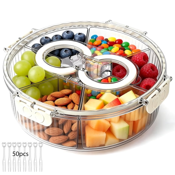 Snackle Box Container with Lid, Handle & 50 Forks, Stackable Divided Serving Tray for Fruits Candy Organizer, Portable Spinning Rounded Veggie Tray for Kitchen, Party, Travel and Picnic