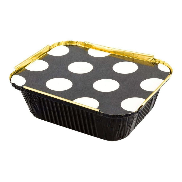 12 oz Rectangle Black and Gold Aluminum Take Out Container - with Polka Dot Paper Lid - 5 3/4 inch x 4 3/4 inch x 1 3/4 inch - 200 Count Box