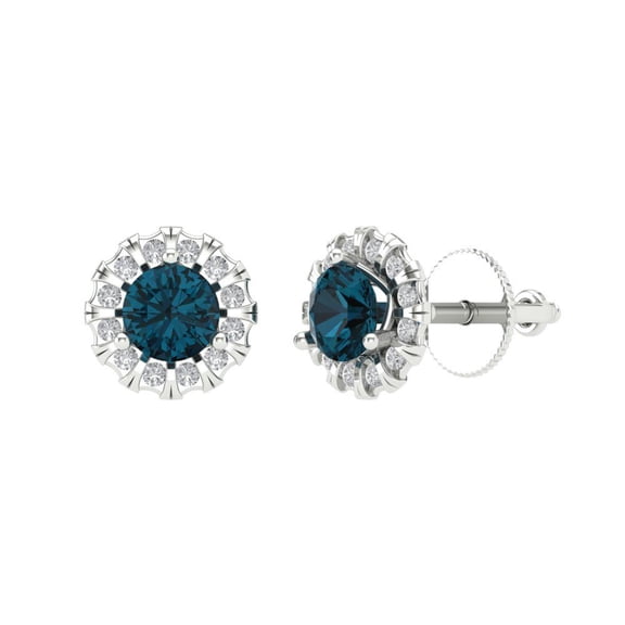 0.8808 ct Screw-Back Stud Earrings for Women | 4.5mm Round Cut Natural London Blue Topaz | 18K White Gold