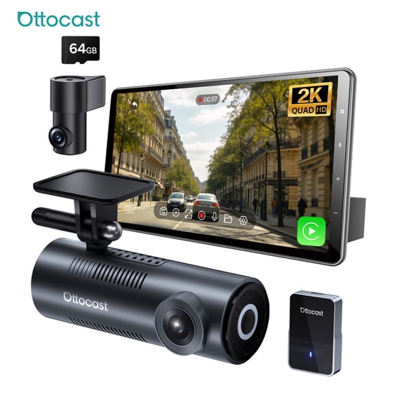 Ottocast OTTOSAFE Dash Cam, with Wireless Carplay Dash Cam Front and Rear, 1080P Mini Car Camera , Night Vision, G-Sensor, 64GB Card