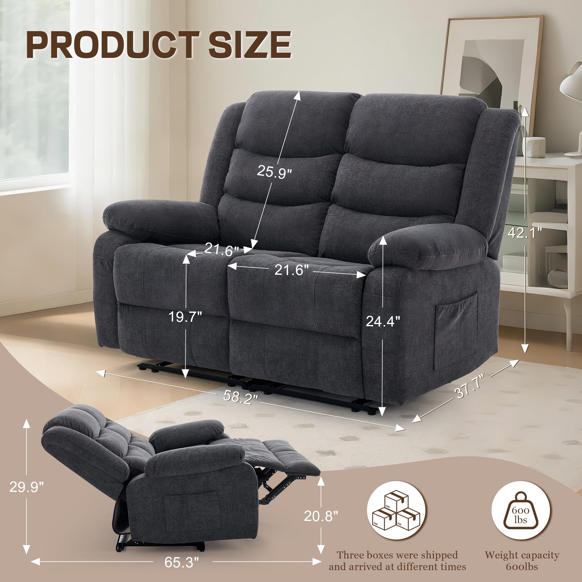 Korser Oversized Loveseat Recliner Sofa with Front Pockets and Side Pockets for Living Room,Home Theater,Grey