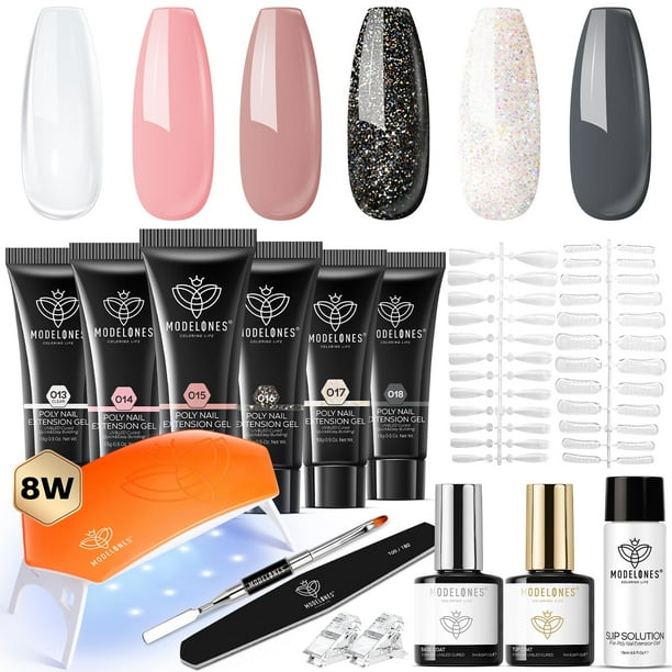 Kit de uñas de poligel Modelones, 6 colores, con lámpara de uñas de 8 W y herramientas