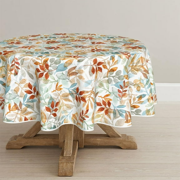 Fall Tablecloth 60x60 Inch Round, Thanksgiving Autumn Harvest Orange Blue Watercolor Leaf Table Cover for Party Picnic Dinner Decor