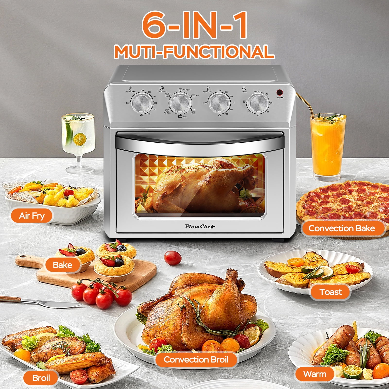 27.5QT 6-in-1 Air Fryer Oven, Family Size, Air Fry, Bake, Broil, Toast, Warm, Dehydrate, 4 Knob Control, 1600W, Silver Stainless Steel