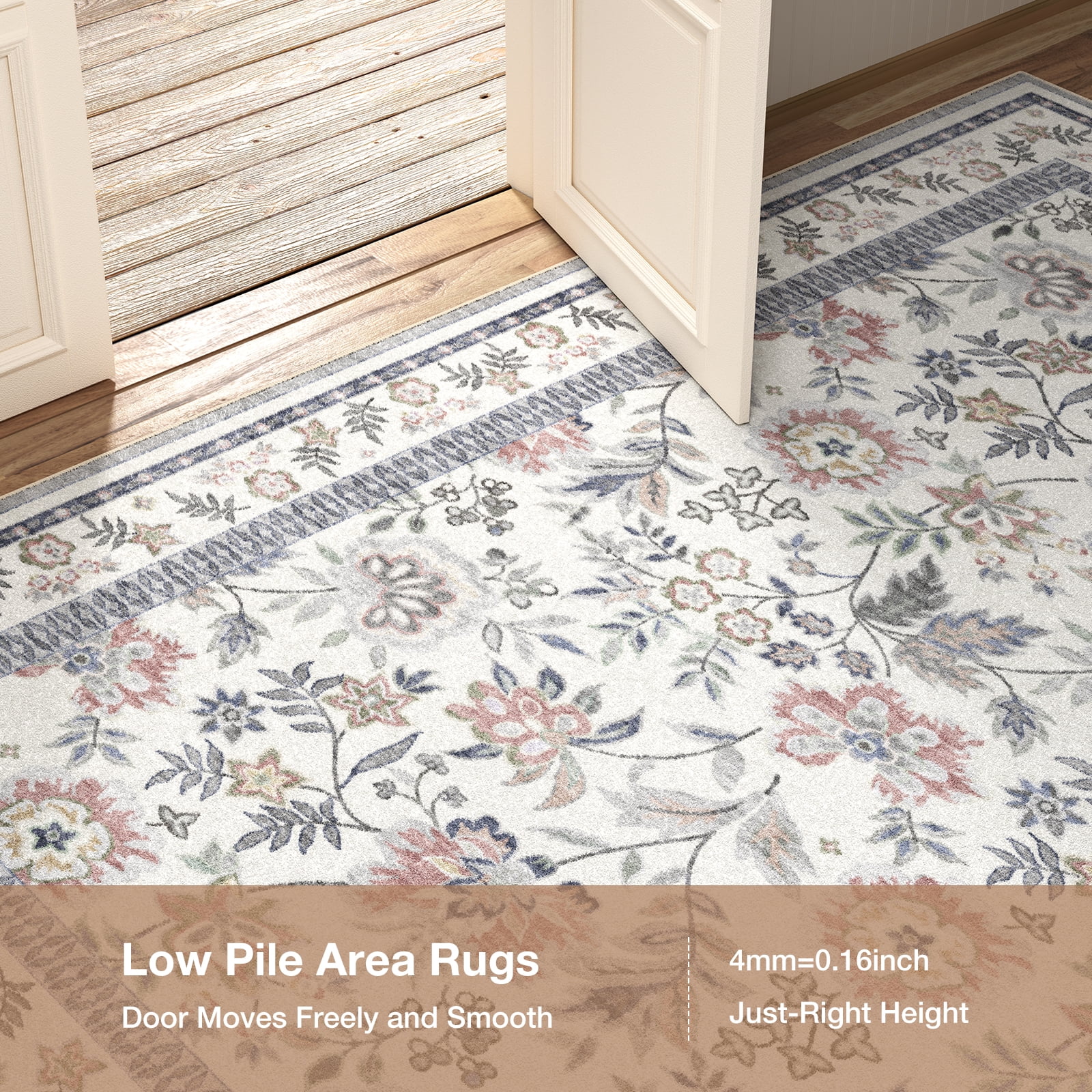 Washable Area Rug for Living Room, Curtilage 4'x6' Boho Blue Floral Print Indoor Rug, Soft Low Pile&Stain Resistant Carpet for Bedroom Nursery Kitchen