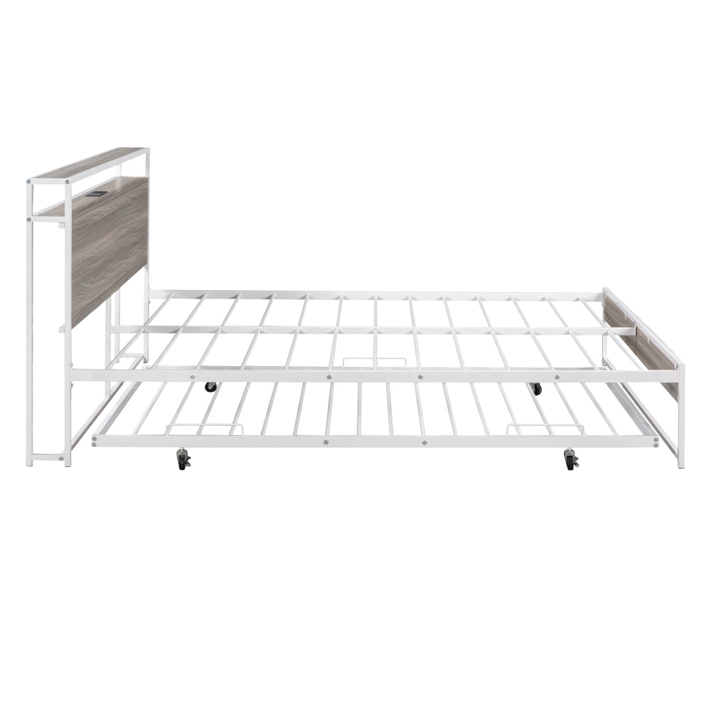 Leumius Queen Size Metal Platform Bed with Trundle and Outlet & USB Ports,Metal Bed Frame with Wooden Storage Headboard & Storage Shelf,White