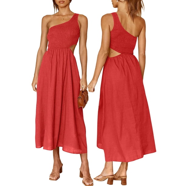SAYOO vestidos largos acampanados para mujer 2022, verano sin mangas de un hombro fruncido Color sólido recorte de una pieza SAYOO casual