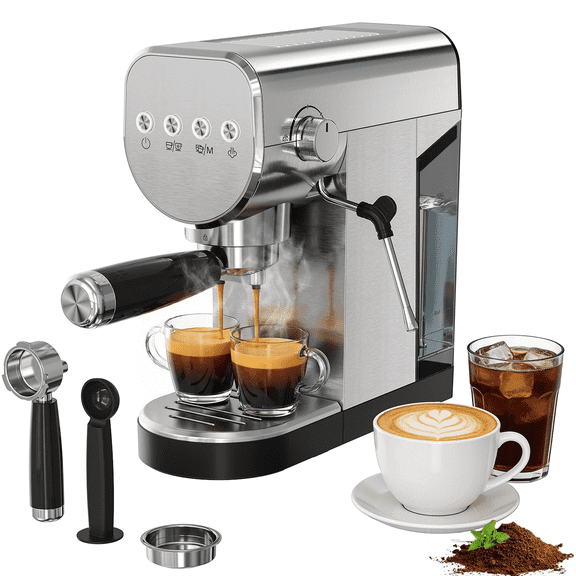 Coffee Maker, 20 Bar Espresso Machine with Milk Frother & Cold Brew,Compact Coffee Latte Machine for Home, 1250W, Steel Design
