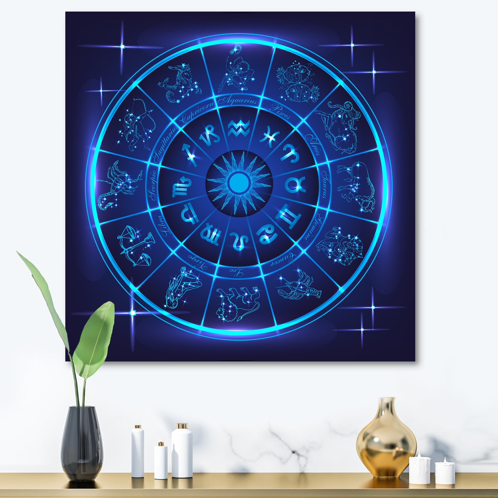 Designart ' Zodiac Signs With Neon Deep Blue Horoscope Circle ' Modern Canvas Wall Art Print