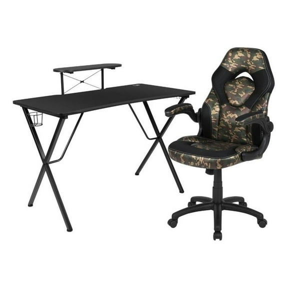 Bowery Hill Contemporary 2 Piece Wood Gaming Desk Set in Black/Camouflage