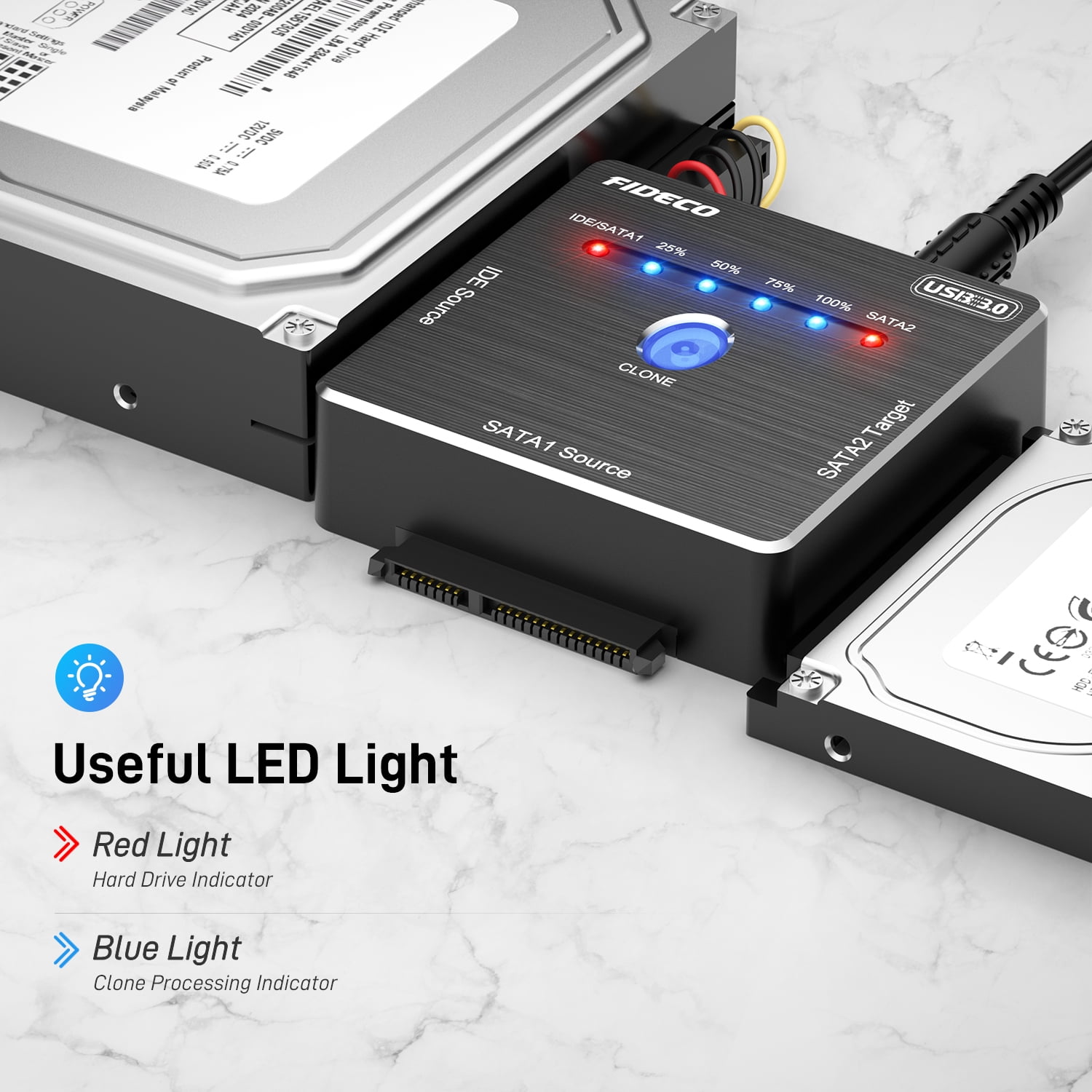FIDECO USB 3.0 to SATA IDE Adapter, Hard Drive Adapter Cable for Universal 2.5/3.5 inch IDE SATA External HDD SSD, Hard Drive Converter with 12V Power Adapter, Support Offline Clone