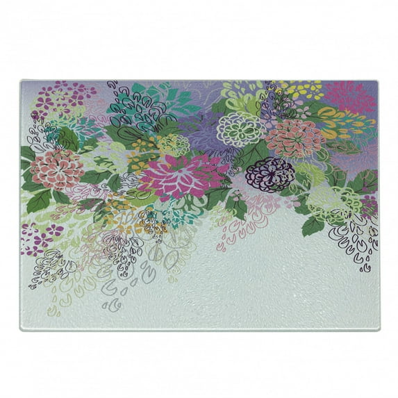 Flower Cutting Board, Hand Drawn Style Graphic Floral Print Nature Inspiration Vintage Old Bohemian, Decorative Tempered Glass Cutting and Serving Board, Small Size, White Violet, by Ambesonne