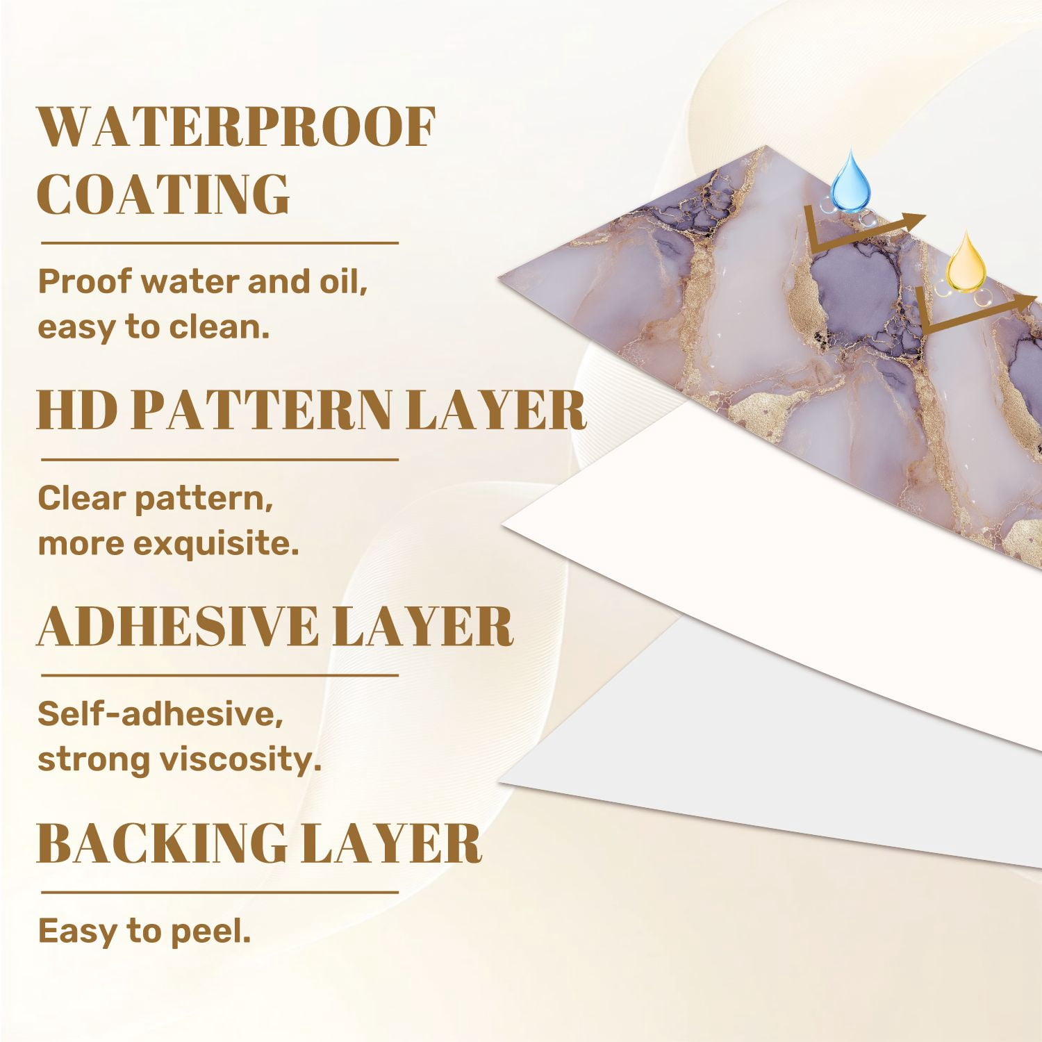 Peel and Stick Wallpaper Abstract Purple Gold Marble Fluid Swirls Wall Mural 23.6in x 9.8ft Self Adhesive Removable Wall Paper Renter Friendly Wallpaper for Nursery Bedroom Cabinets