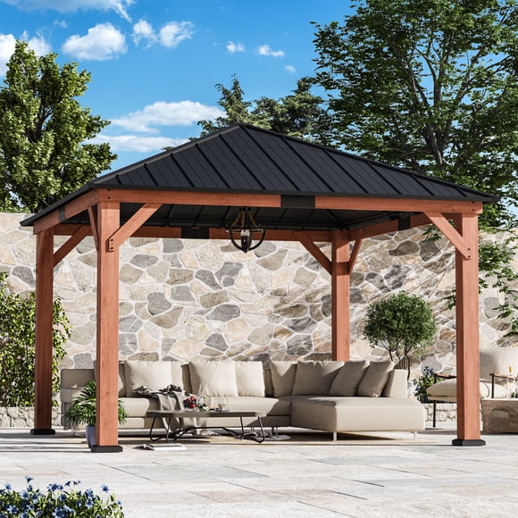 Modern Shade Pavillon en Bois 12 Pieds X 12 Pieds, Pavillon de Gril à Toit Rigide en Acier Galvanisé, Pavillon à Cadre en Cèdre pour Jardin et Cour Arrière