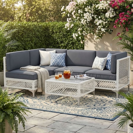 LAZZO 5-Piece Patio Furniture Set Outdoor Wicker Conversation Set with Thick Cushions & Coffee Table for Backyard and Garden Gray
