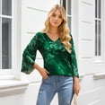thumbnail image 3 of Womens 3/4 Sleeve Double Layers Mesh Blouses V Neck Ruffle Floral Printed Tunics Loose Fit Flowy Tunic Tops Black Casual Layering Shirts, 3 of 7
