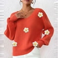 thumbnail image 5 of Cute Sweaters for Women Flowers Applique V Neck Comfy Knit Pullover Tops Long Sleeve Casual Trendy Fall Clothes (XL, Orange), 5 of 7