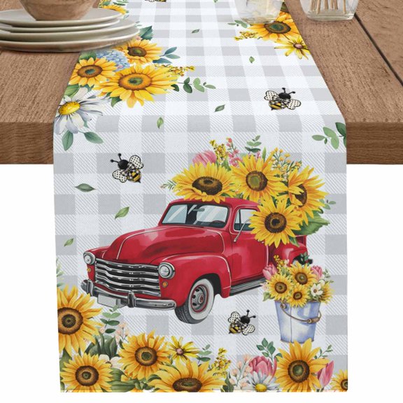 nqOlkjepod Spring Sunflowers Table Runner 70 Inches Long Farmhouse Dress Scarves, Car Bee Farmhouse Pastoral Rustic Dining Tablerunner for Coffee Table/Kitchen Island/Party Décor, 13" x 70"