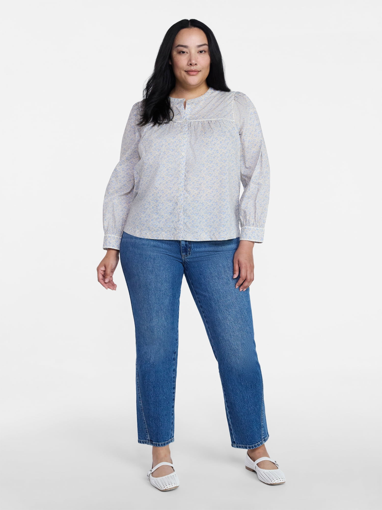 Time and Tru Women's Embroidered Cotton Button Front Shirt with Long Sleeves, Sizes XS-XXXL