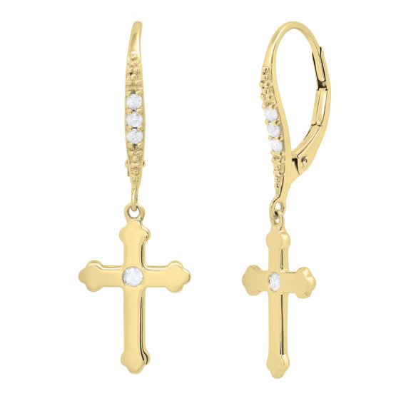 Dazzlingrock Collection Round White Diamond Cross Drop Unisex Earrings (0.14 ctw, Color I-J, Clarity I1-I2) in 14K Yellow Gold