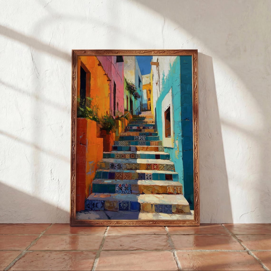 Colorful Mexican Buildings Art Talavera Tile Staircase Mexico Alleyway San Miguel Travel Decor Wall Art Print