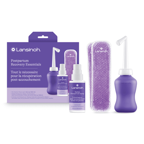 Kit Essentiels Post-Partum Lansinoh, Comprend Bouteille Périnéale Inversée 12,2 oz, Spray Périnéal à Base de Plantes 3,5 oz, Sacs de Glace Périnéaux Réutilisables et Manchons