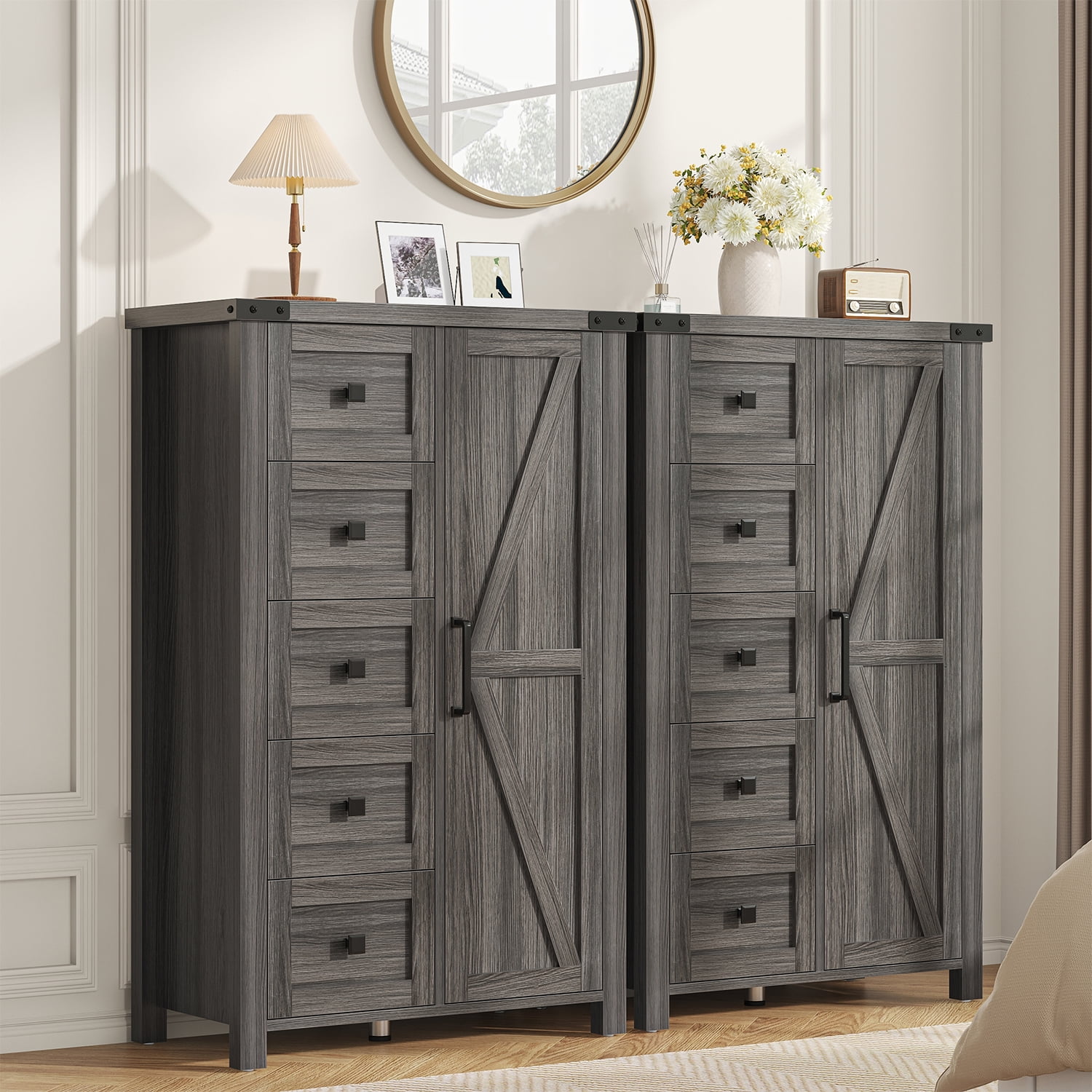 Winkalon 5 Drawers Dresser Chests for Home Bedroom, Farmhouse Wood Rustic Tall Chest of Drawers, Pull Storage Cabinet,Grey